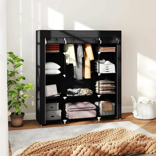 Portable Wardrobe, Foldable Fabric Wardrobe, 150 x 43 x 162.5cm, Clothes Storage Organiser - Hanging Rail, Shelves, Fabric Cover, Black