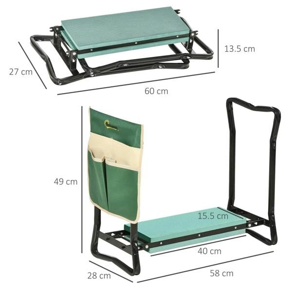 Green padded garden kneeler with foldable steel frame and attached tool bag