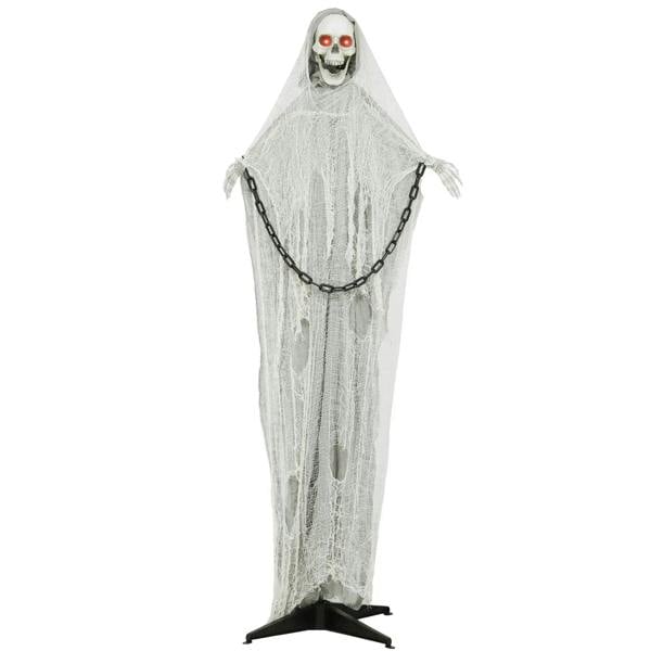 Life-size animated grim reaper skeleton decoration with white shroud and red glowing LED eyes