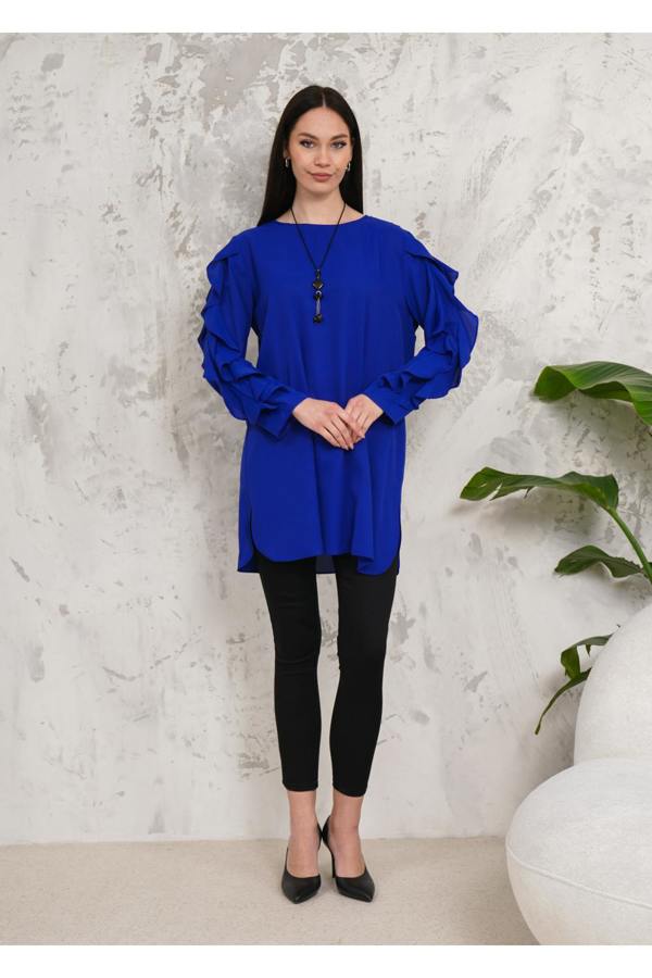Hoxton Gal Oversized Long Ruffle Sleeve Relaxed Fit Tunic in Royal Blue