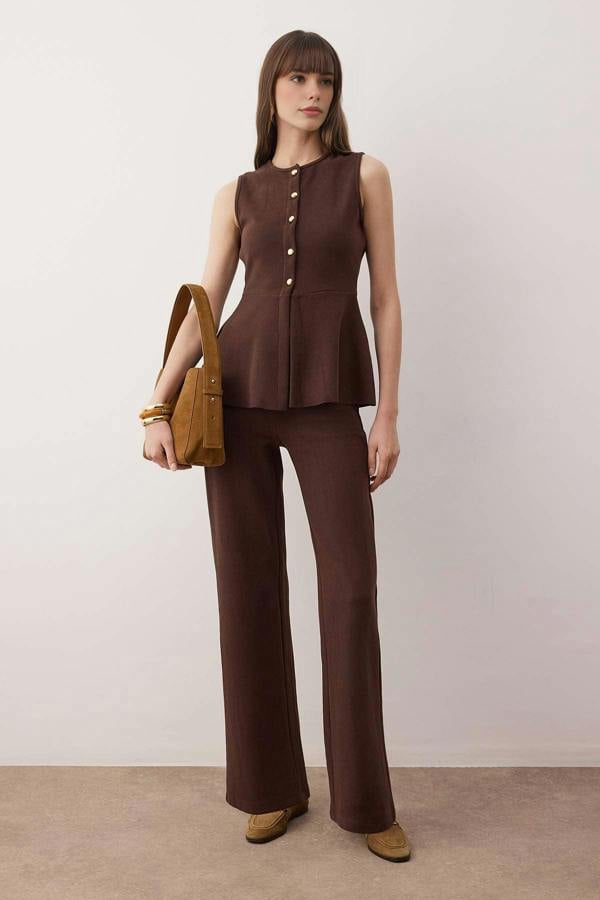WOVCOR 2-Piece Buttoned Knitted Palazzo Bottom - Peplum Top Set