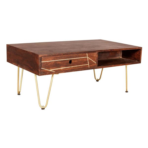 Wyld Haus Bandung Dark Mango Wood and Gold Rectangular Coffee Table 1 Drawer 1 Open Shelf