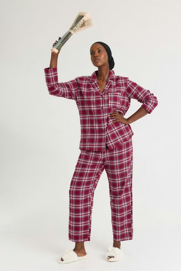 Plaid Long Pyjama Set in Bordeaux - Pajamas