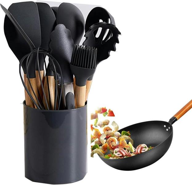 Dragodirect Premium 12-Piece Silicone Cooking Utensils with Durable Wooden Handles