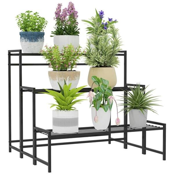 Black three-tier metal plant shelf with open grid tiers for multiple pots