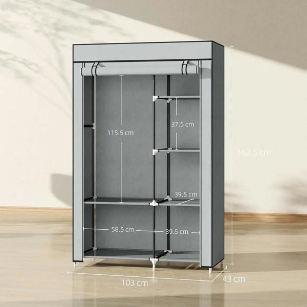 Light grey fabric wardrobe display with front shelves, hanging rail, and frame dimensions