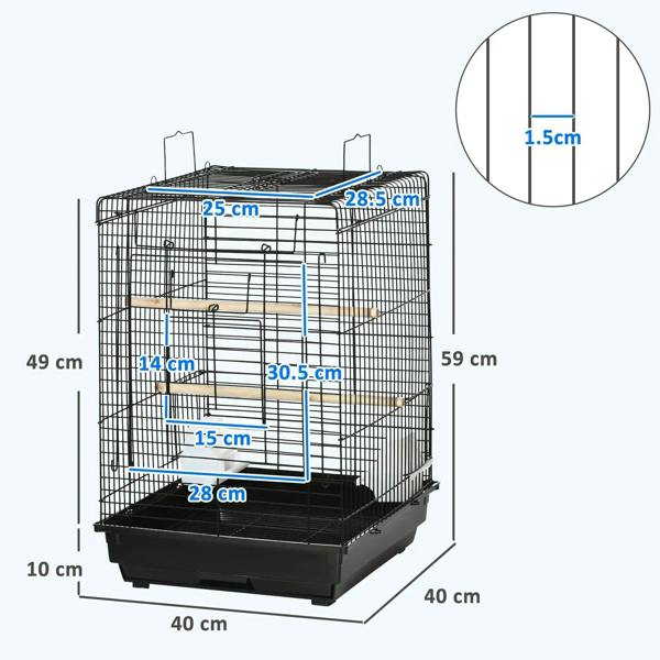 Black wire birdcage with shown measurements, openable top and bottom tray