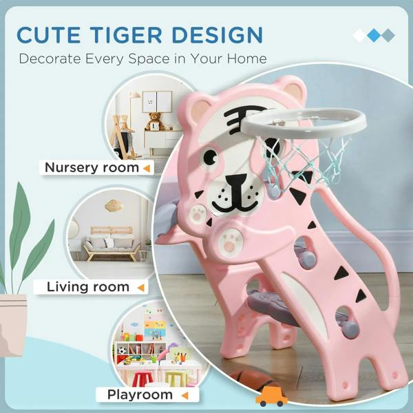 Pink tiger-themed 3-in-1 baby slide with basketball hoop and gray ramp