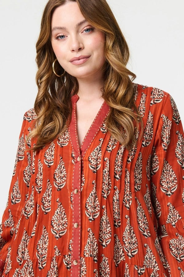 Orange | Feather Print Flare Sleeve Short Dress
