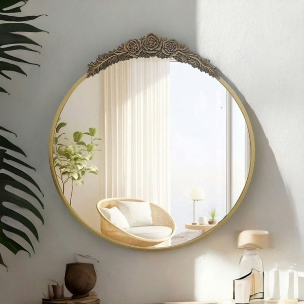 Rafaelo Mobilia 80CM Round Embossed Retro Wall Mirror Gold
