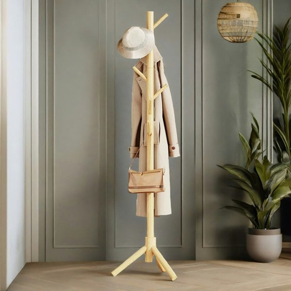 Rafaelo Mobilia Wooden Coat Stand Stand With 8 Hooks Natural Brown