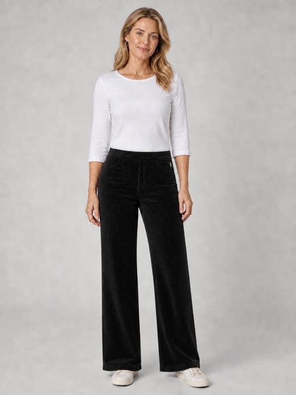 PennyPlain Wide Leg Rib Velour Trousers - Black