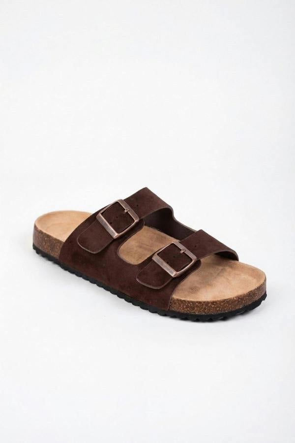 Harper Womens Double Buckle Cork Slide Sandals - BROWN