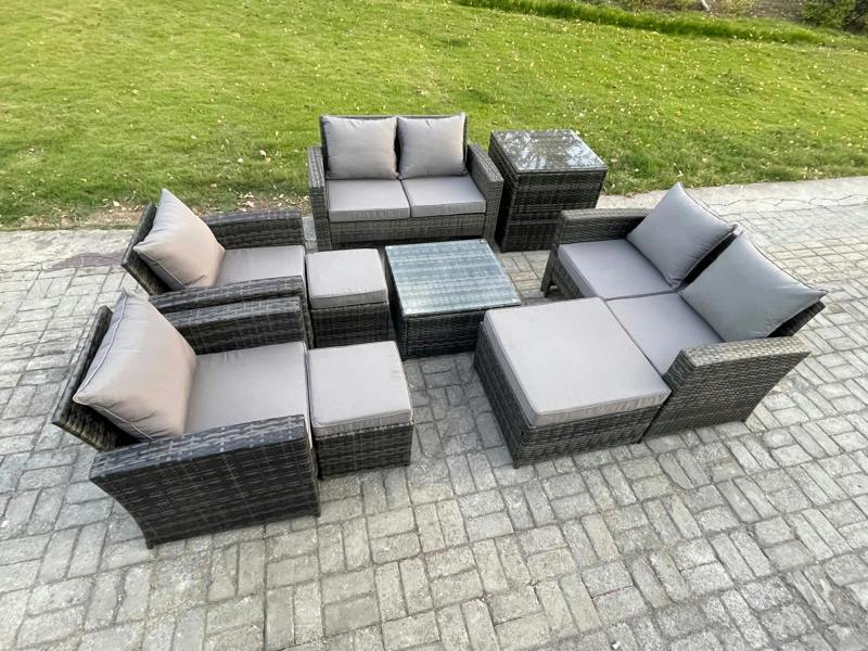 Fimous 9 Pieces Outdoor Garden Set, Wicker Rattan, Manual Patio Sofa Conversation, 3 Footstools and Side Table, Dark Grey Mixed