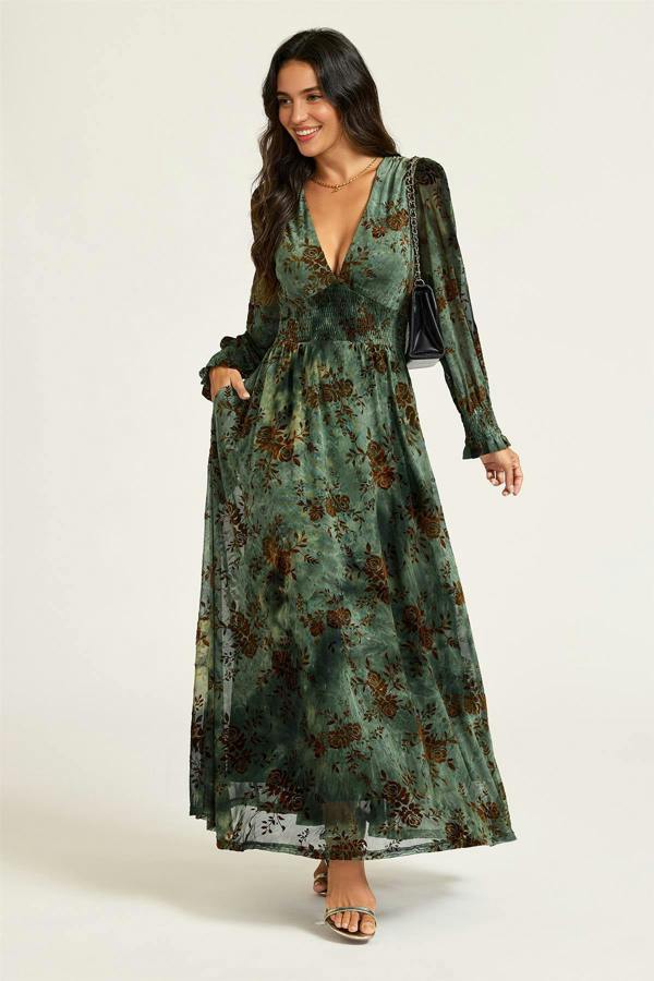 FS Collection Brown Floral Velvet Devore Long Sleeve Maxi Dress In Green