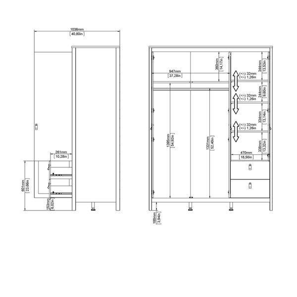 Wyld Haus Gossmere White Wardrobe 3 Doors 2 Drawers