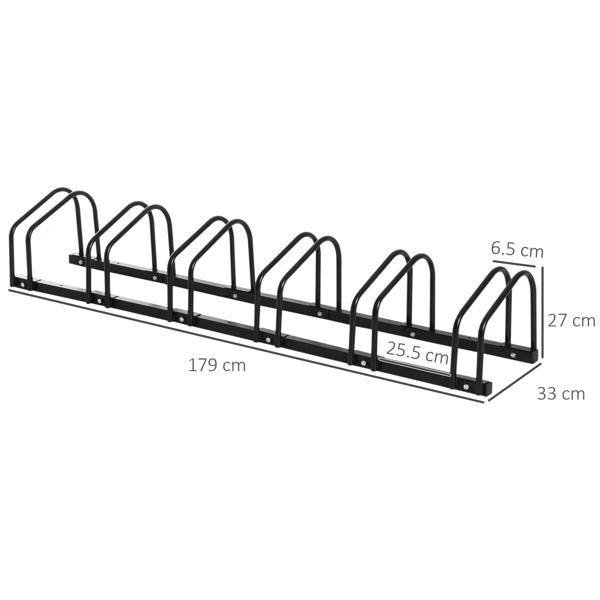 Black 6-bike bike parking rack, 179 cm long, six U-shaped holders