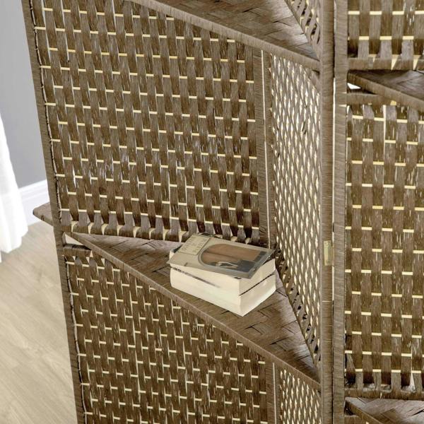 Side view of brown woven privacy screen with open shelf and books on display