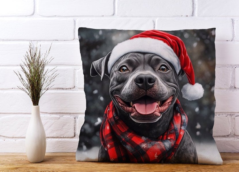 Warren Reed Christmas Staffordshire Bull Terrier Cushion