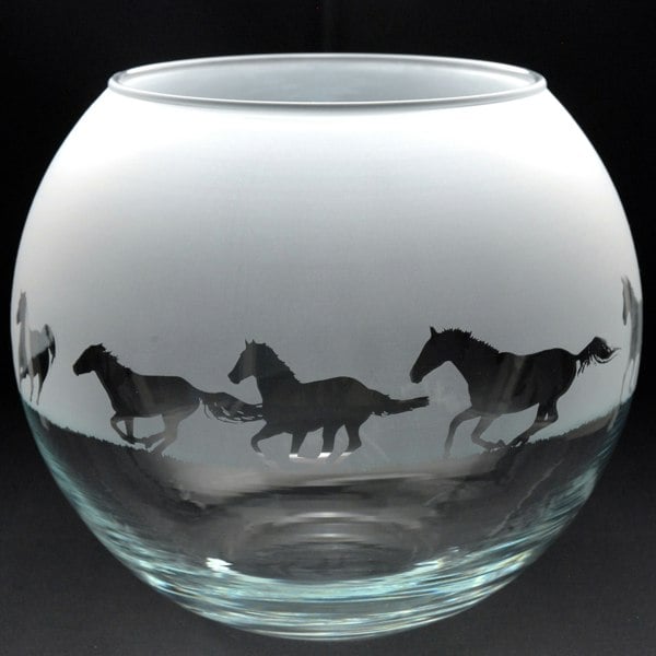 Glyptic Glass Art Galloping Horse Glass Flora Bowl Vase - Hand Etched/Engraved Gift