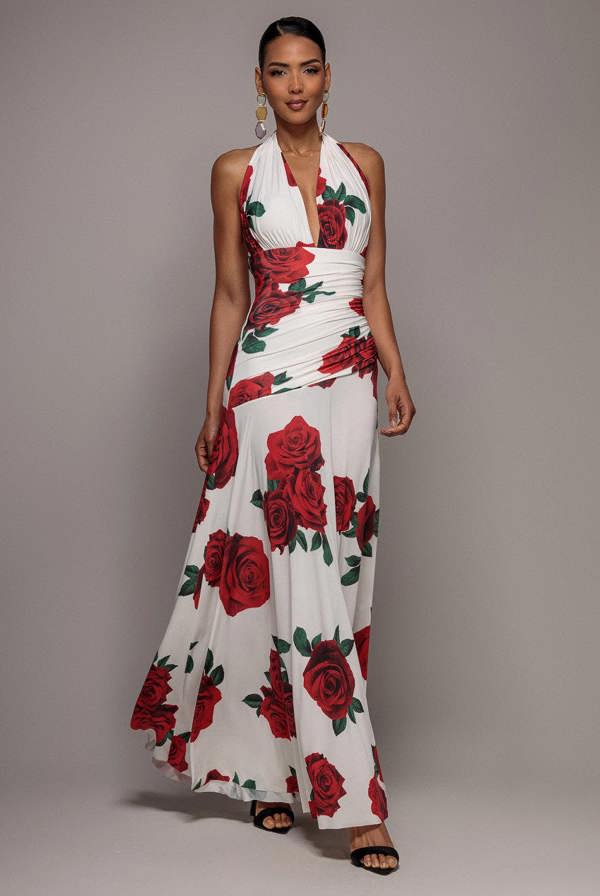 Floral Halter Neck Empire Waist Gathered Maxi Dress - Rose Print DR5259