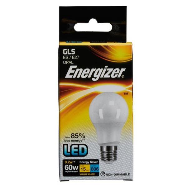 Energizer LED GLS 806lm Opal 9.2w Light Bulb E27 2700k - White - 
