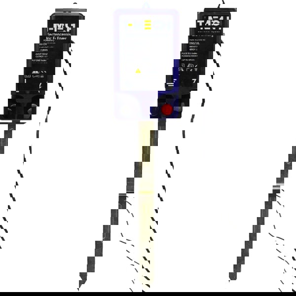 T-Mech Electric Fence Energiser in blue and black, featuring a sturdy metal stake and clear control panel with indicator lights