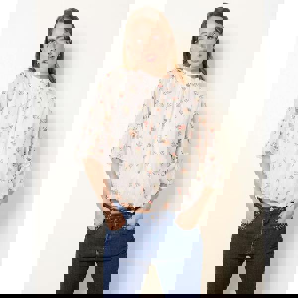 Blue Vanilla High Neck Frill Sleeve Dobby Floral Print Puffball Blouse