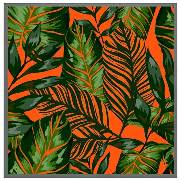 Benjamin Tate Design Green tropical leaves on orange (Picture Frame)