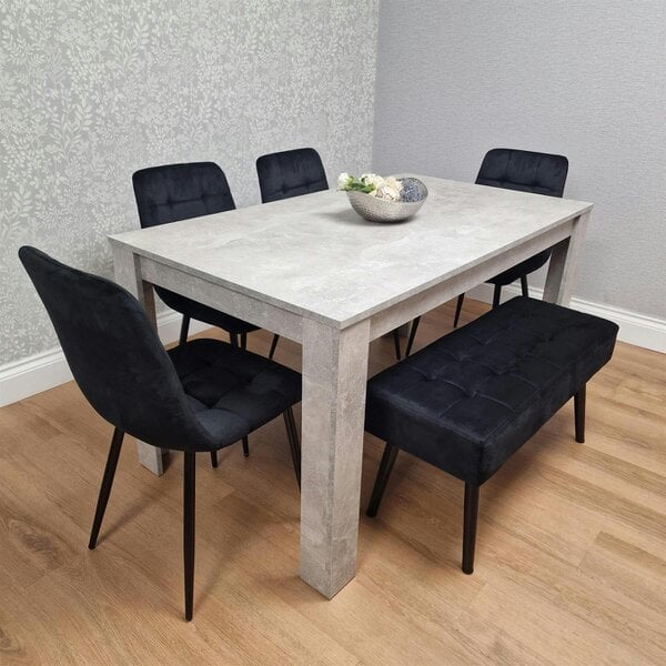 Kosy Koala Wooden Grey Dining Table Set with 4 Grey Velvet Chairs and 1 Grey Bench - Dining Room Furniture - Table + 4 black chairs + 1 black valvet bench - 140cm (L) x 80cm (W)