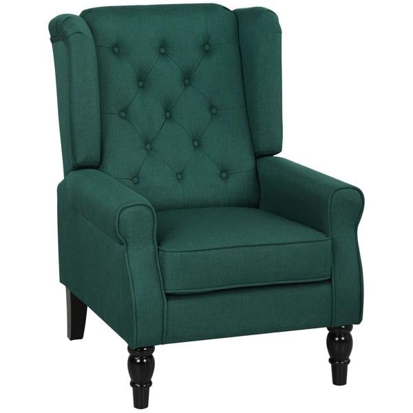 Dark green wingback accent chair with button-tufted back, padded arms, and turned legs