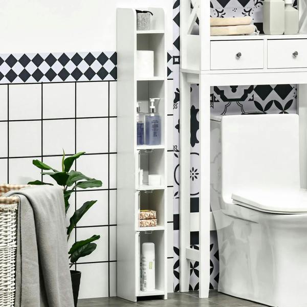 White narrow cabinet with multiple open shelves and enclosed storage sections