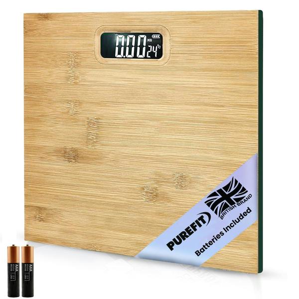 Purefit Digital Bathroom Scale for Measuring Body Weight - Bamboo Ultra Slim, Smart Scale with LED Display-Battery Included LB/KG/ST Max Weight 180KG