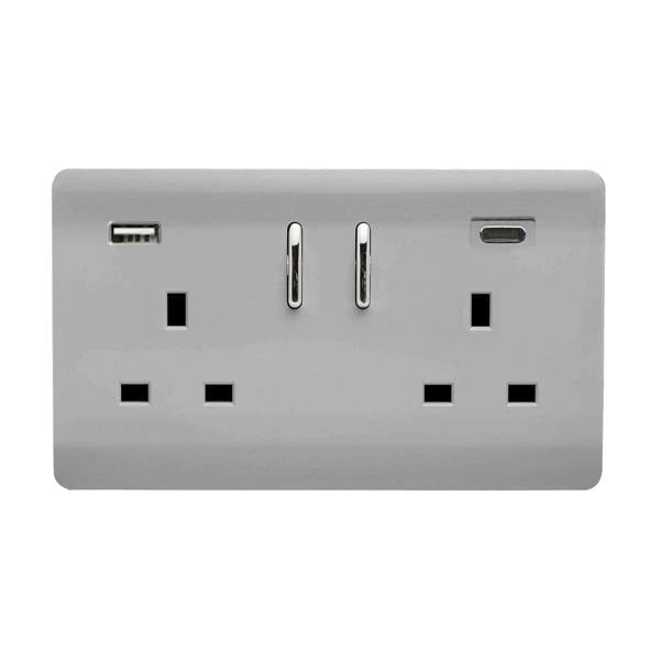 Trendi Switch 2 Gang USB 3100mA Type A & C USB Plug Socket in Brushed Steel