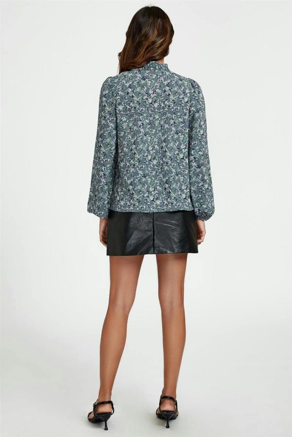 FS Collection Floral Print Side Tie Blouse Top In Blue