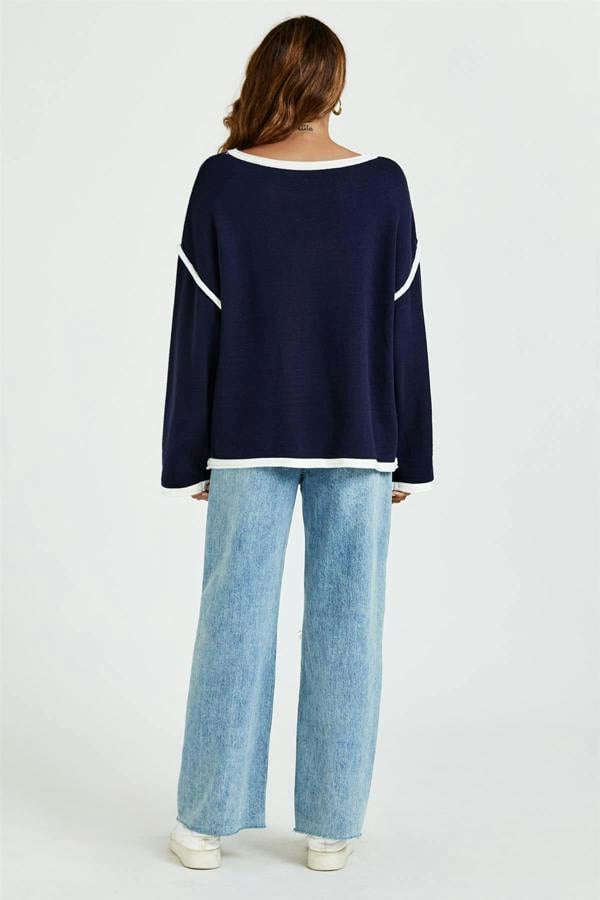 FS Collection White Striped Oversized Jumper Top In Navy