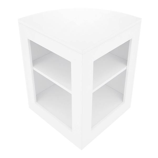 White corner display counter with two open shelves, featuring a sleek, modern design and smooth finish, ideal for retail settings