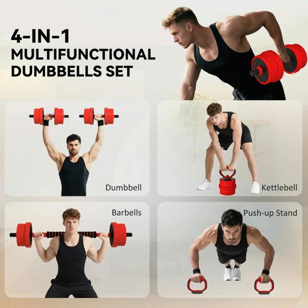 Red adjustable 4-in-1 weight set showing dumbbell, barbell, and kettlebell use