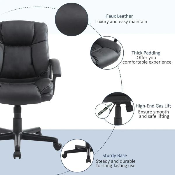 Black PU leather office chair with thick padding, curved armrests, and lift base