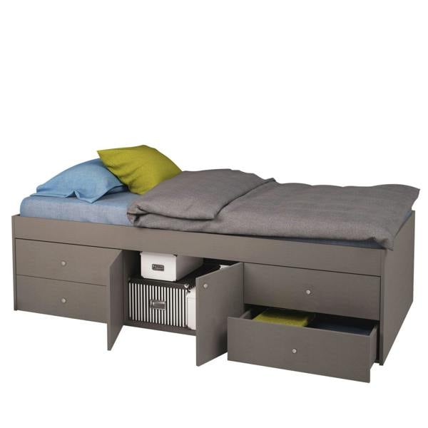 A grey bed frame with a built-in central cupboard and 4 drawers (2 drawers on each side of the cupboard).