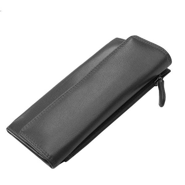 Top view of black leather wallet on a white background