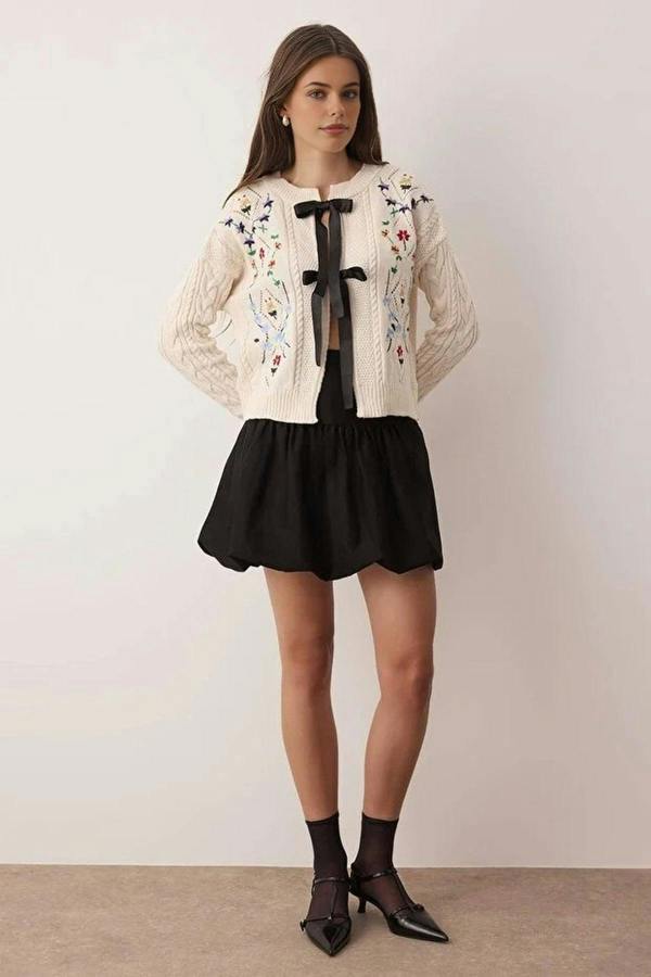 WOVCOR Knitted Cardigan with Ribbon Detail and Flower Embroidery