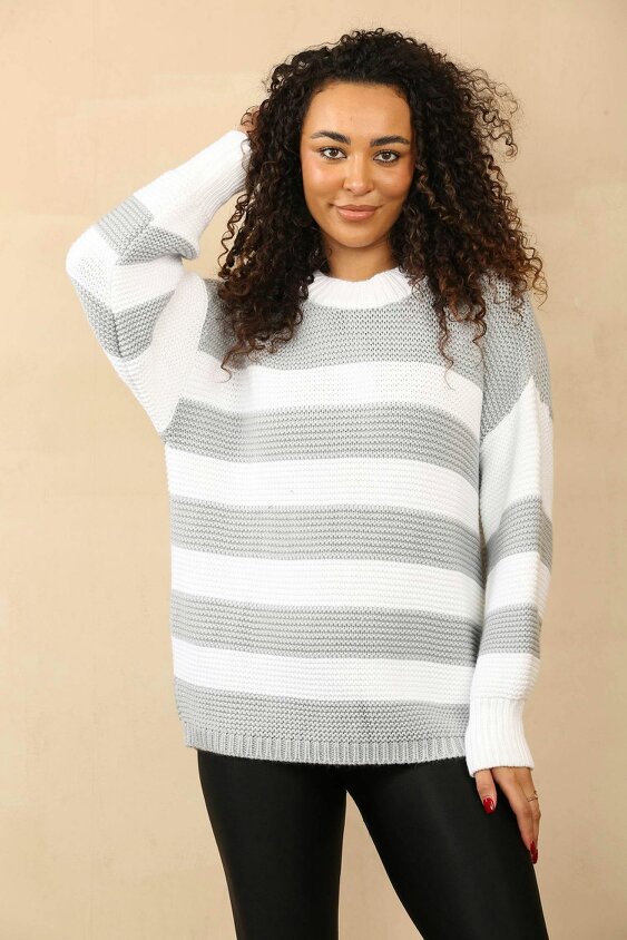Elaina Fashion Women's Crew Round Neck Striped Oversized Sweater - Baggy Knitted Jumpers with Long Sleeves