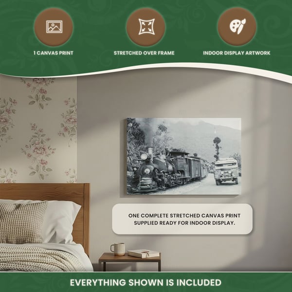 Series 1 Land Rover & Train in Nepal Canvas Print, Circa 1955 Black and White Scene, 60 x 40 cm, Indoor Use