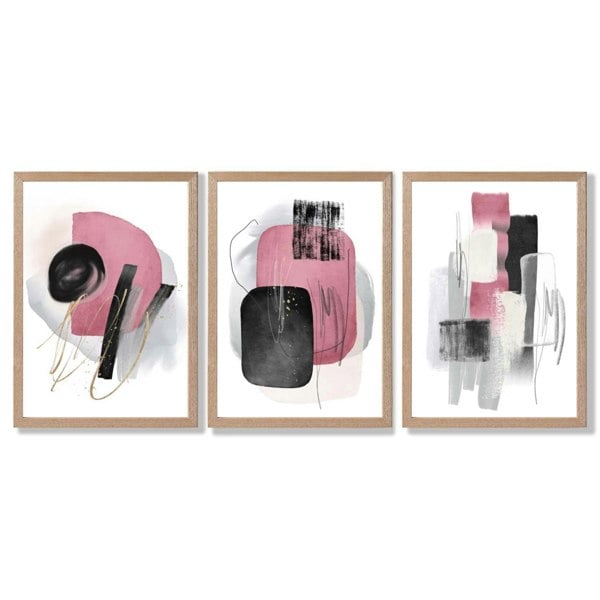 Set of 3 Abstract Black and Pink Watercolour Framed Art Prints with Light Oak Frames