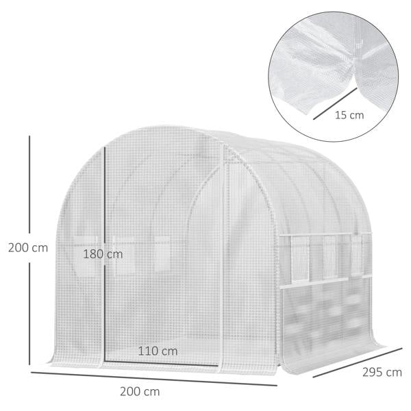 White greenhouse polytunnel with curved arch shape and roll-up front side panels