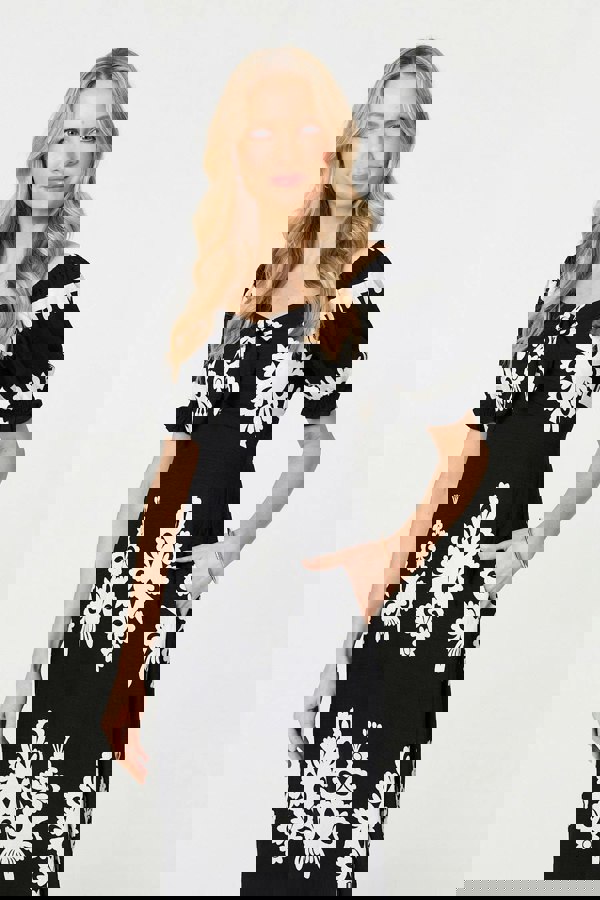 Black | Printed Puff Sleeve Tie Front Midi Dress
