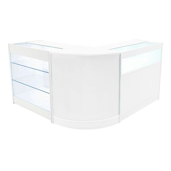 Triton LED Shop Counter Set in white, featuring a sleek design with glass shelves and illuminated display areas for products