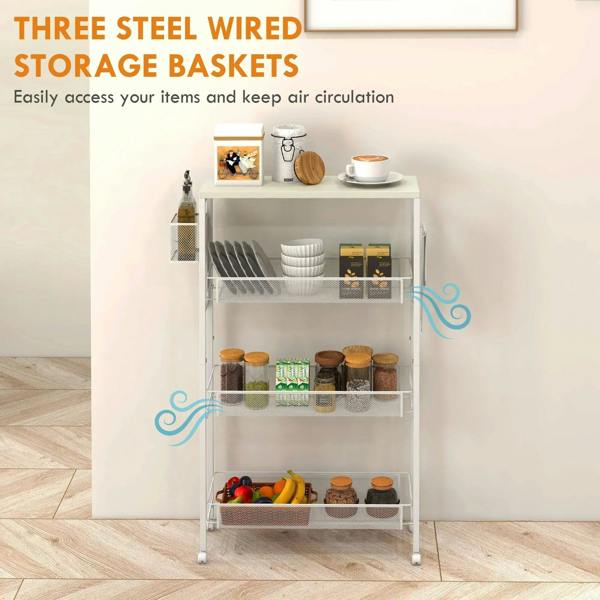 White 3-tier kitchen cart featuring three steel wire baskets for countertop storage and ventilation.