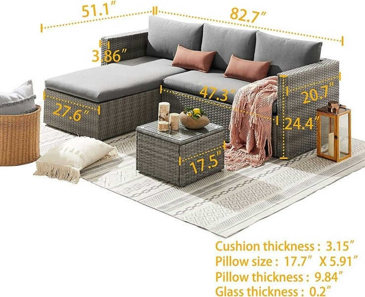 3 Piece Rattan Patio Reversible Corner Sofa + Table